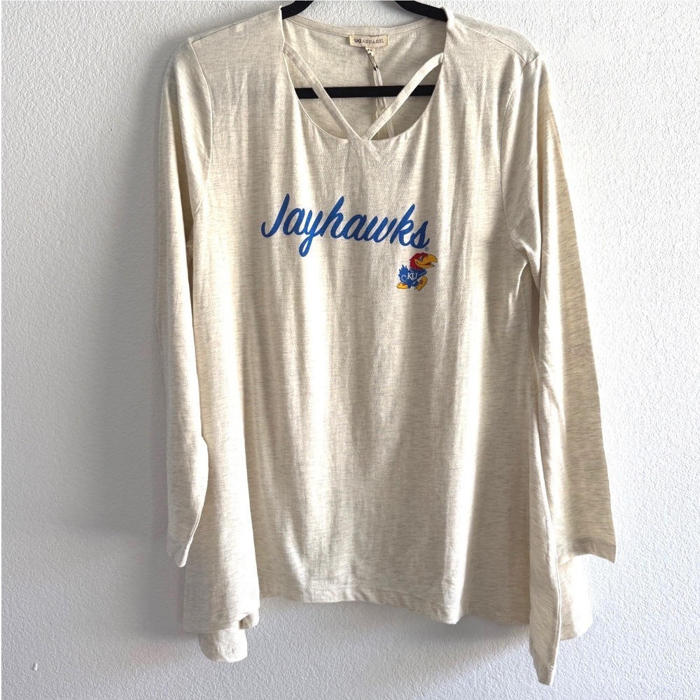 UG Apparel Kansas Jayhawks Crisscross Neck Long Sleeve Top Cream Medium NWT